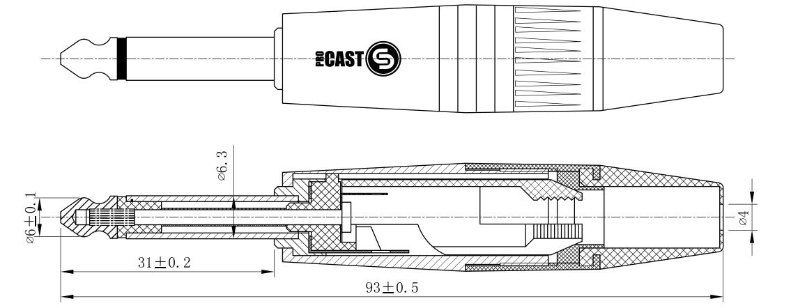 Размеры разъема PROCAST Cable TR-6.3/6/M/M